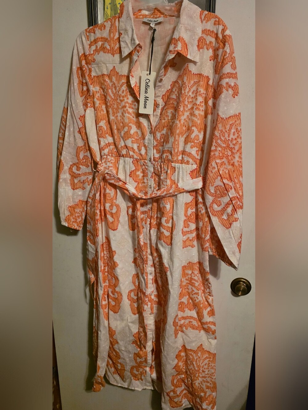 NWT Celina Moon Orange & White Button-Front Midi Dress PTP 20.5